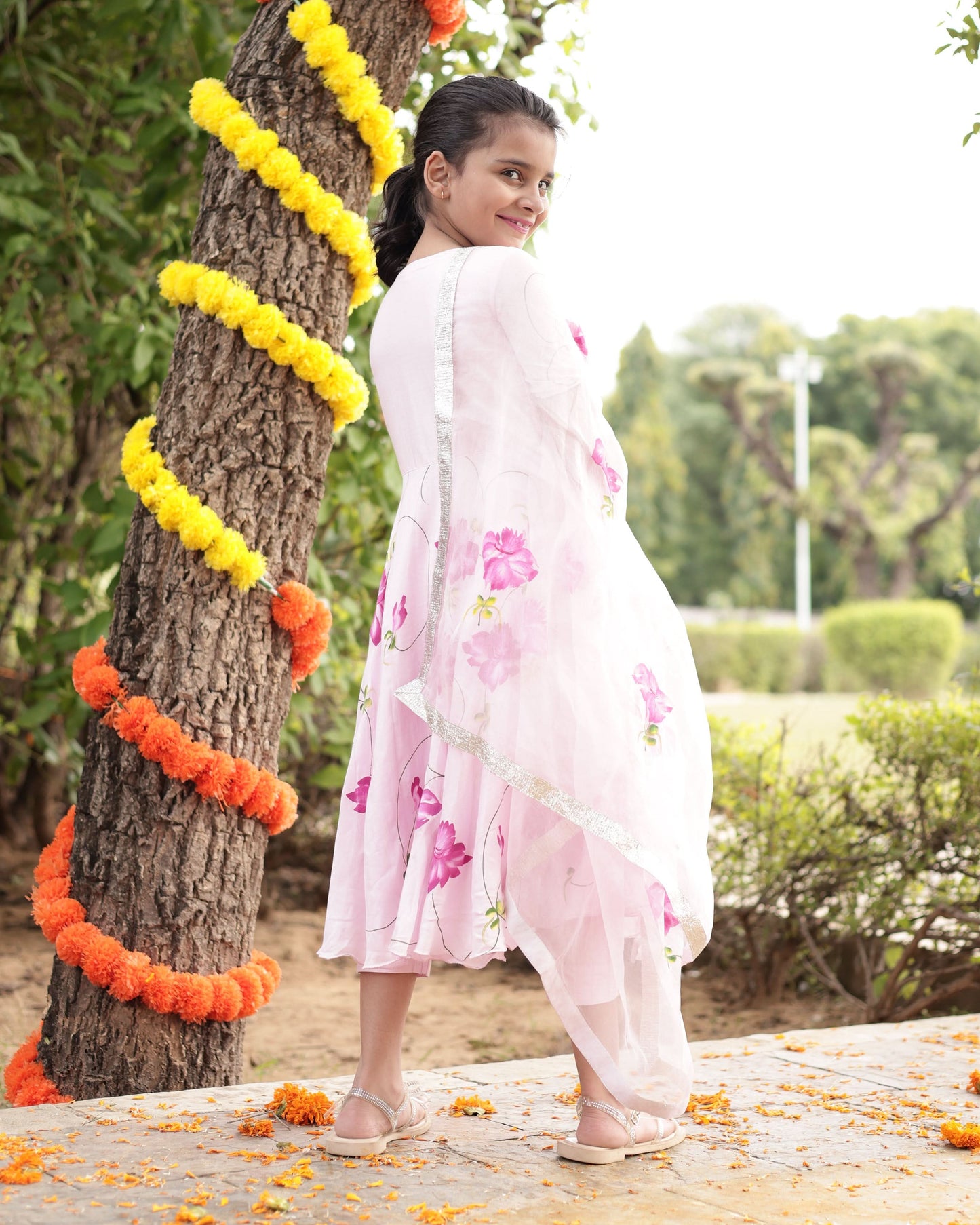 Girl's Dandelion Pink Muslin Silk Handcrafted Suit Set