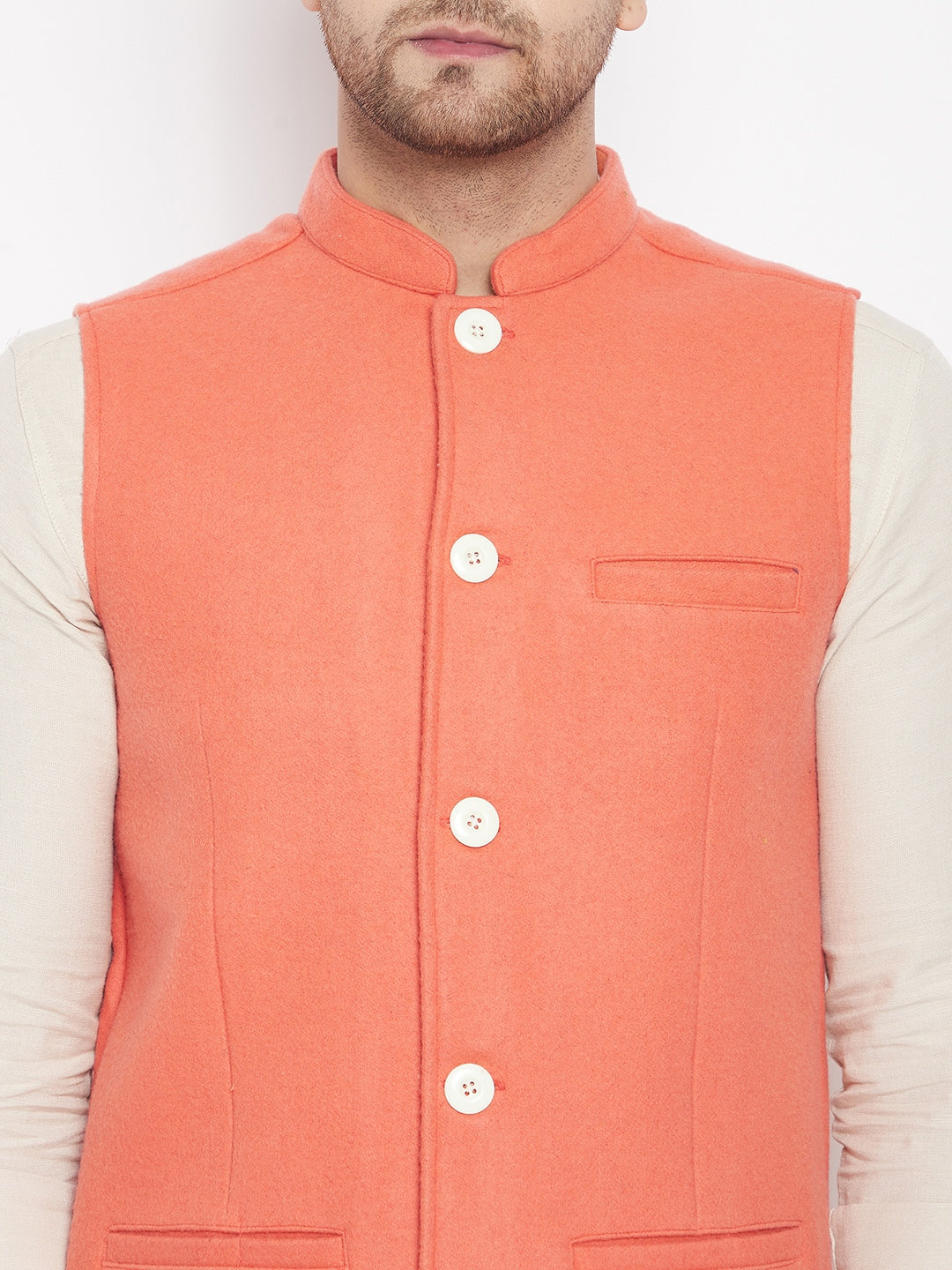 Men's Orange Color Woven Nehru Jacket