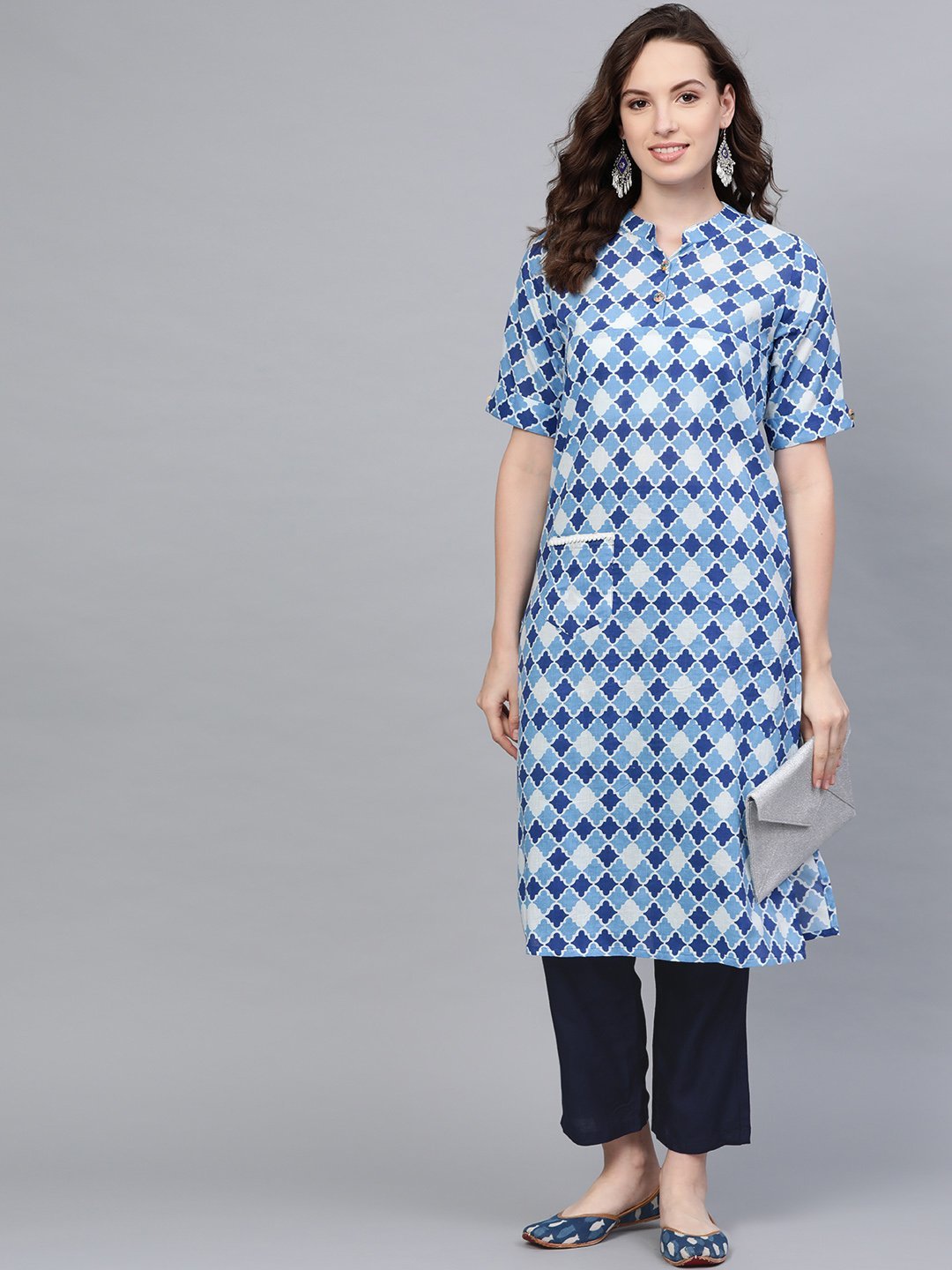 Women's Blue Cotton Solid Full Sleeve Round Neck Casual Kurta Pant Set