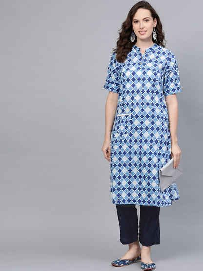 Women's Blue Cotton Solid Full Sleeve Round Neck Casual Kurta Pant Set