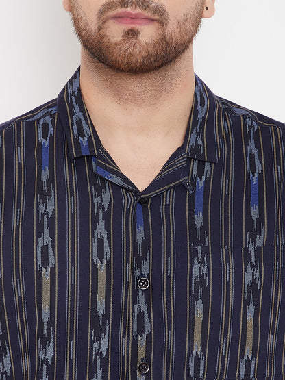Men's Navy Blue Cuban Collar Shirt