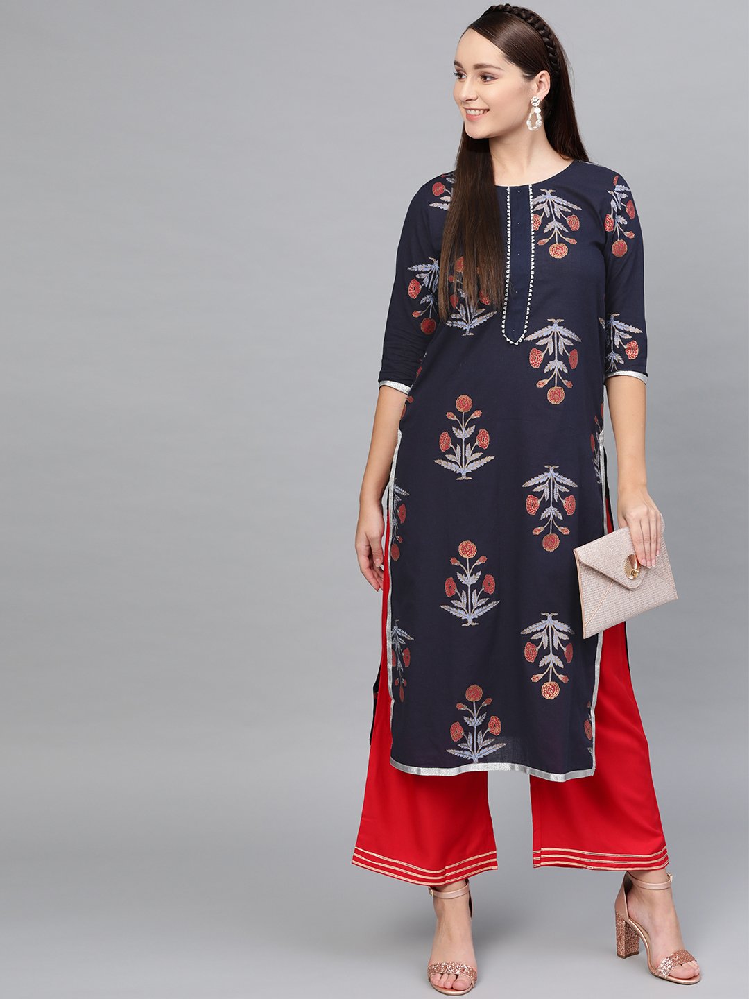 Women's Multi Cotton Printed Half Sleeve Round Neck Casual Kurta Palazzo Set