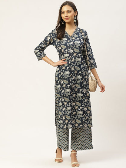 Women's Navy Blue & White Ethnic Motifs Hand Printed Cotton Kurta with Palazzos