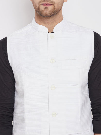 Men's White Color Woven Nehru Jacket