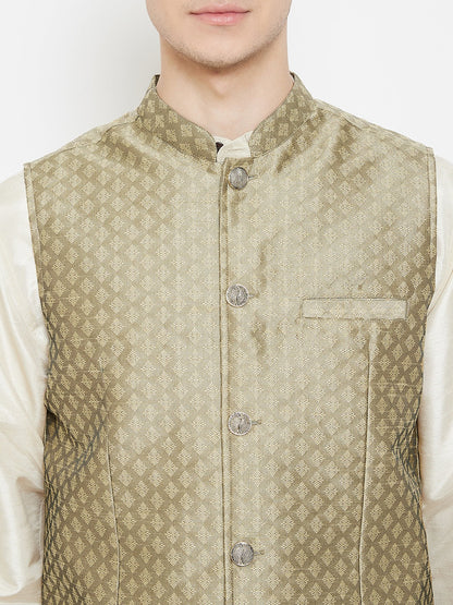 Men's Jacquard Beige Silk Nehru Jacket