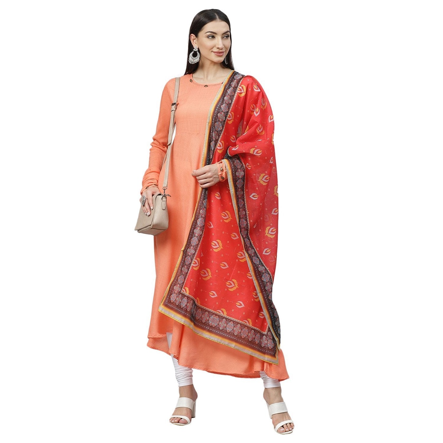 Women's Pink Cotton Solid Full Sleeve Round Neck Casual Anarkali Kurta With Dupatta