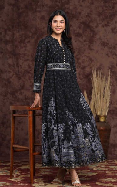 Women's Georgette Printed Flared Dress With Belt
