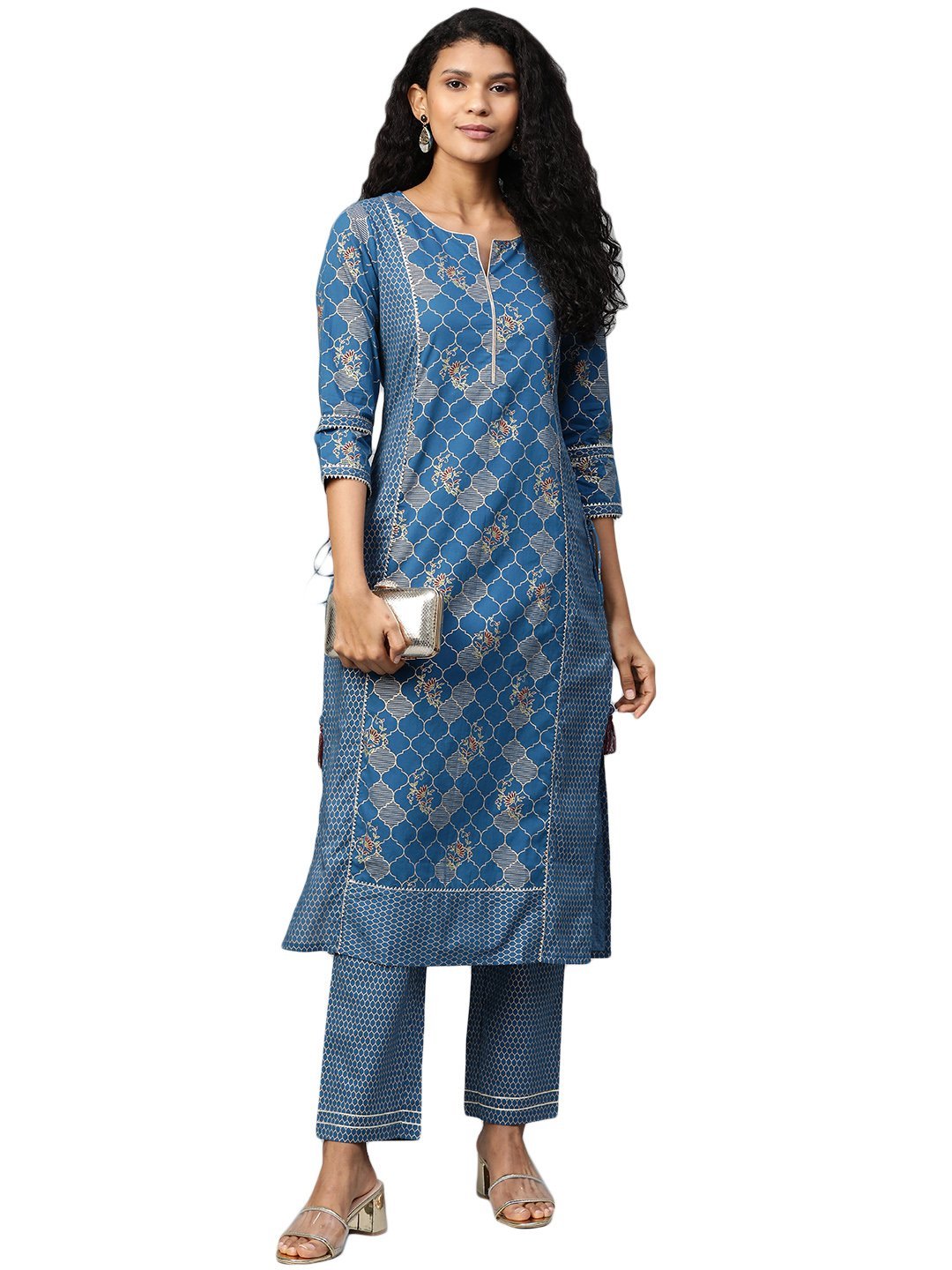 Women Navy Blue Printed  Cotton Kurta & Pant Set by Myshka (