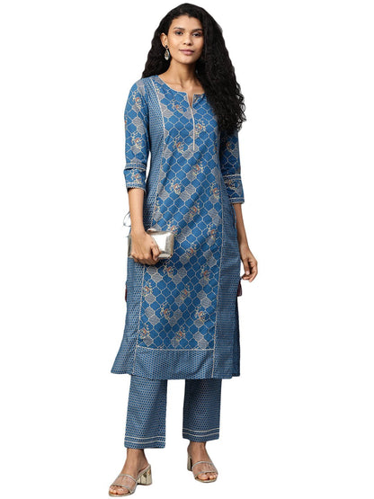 Women Navy Blue Printed  Cotton Kurta & Pant Set by Myshka (