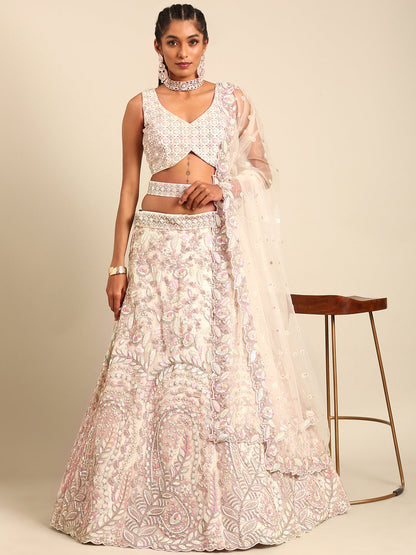 Women 's Cream Net Multi Sequins with heavy Zarkan embroidery Ready to Wear Lehenga choli & Dupatta