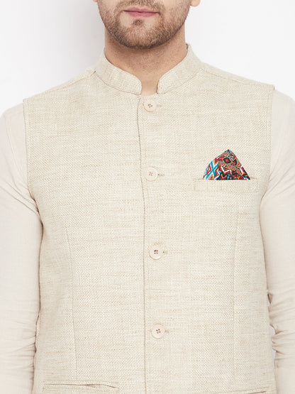 Men's Beige Color Woven Nehru Jacket