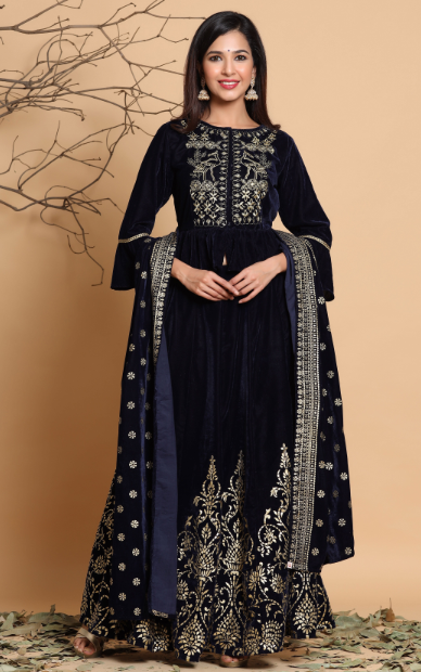 Women Navy blue Velvet Lehenga Choli Dupatta Set by Juniper