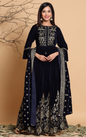 Women Navy blue Velvet Lehenga Choli Dupatta Set by Juniper