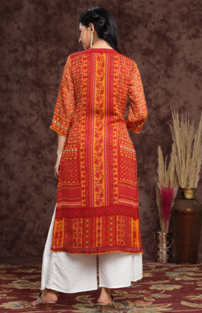 Women's Mustard Chiffon Printed Straight Kurta