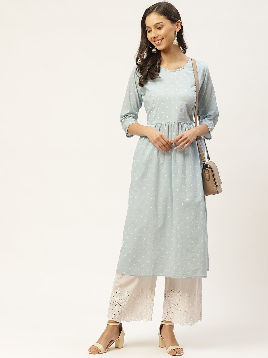 Women's Blue & White Polka Dot Hand Printed A-Line Pleated Cotton Kurta with Palazzos