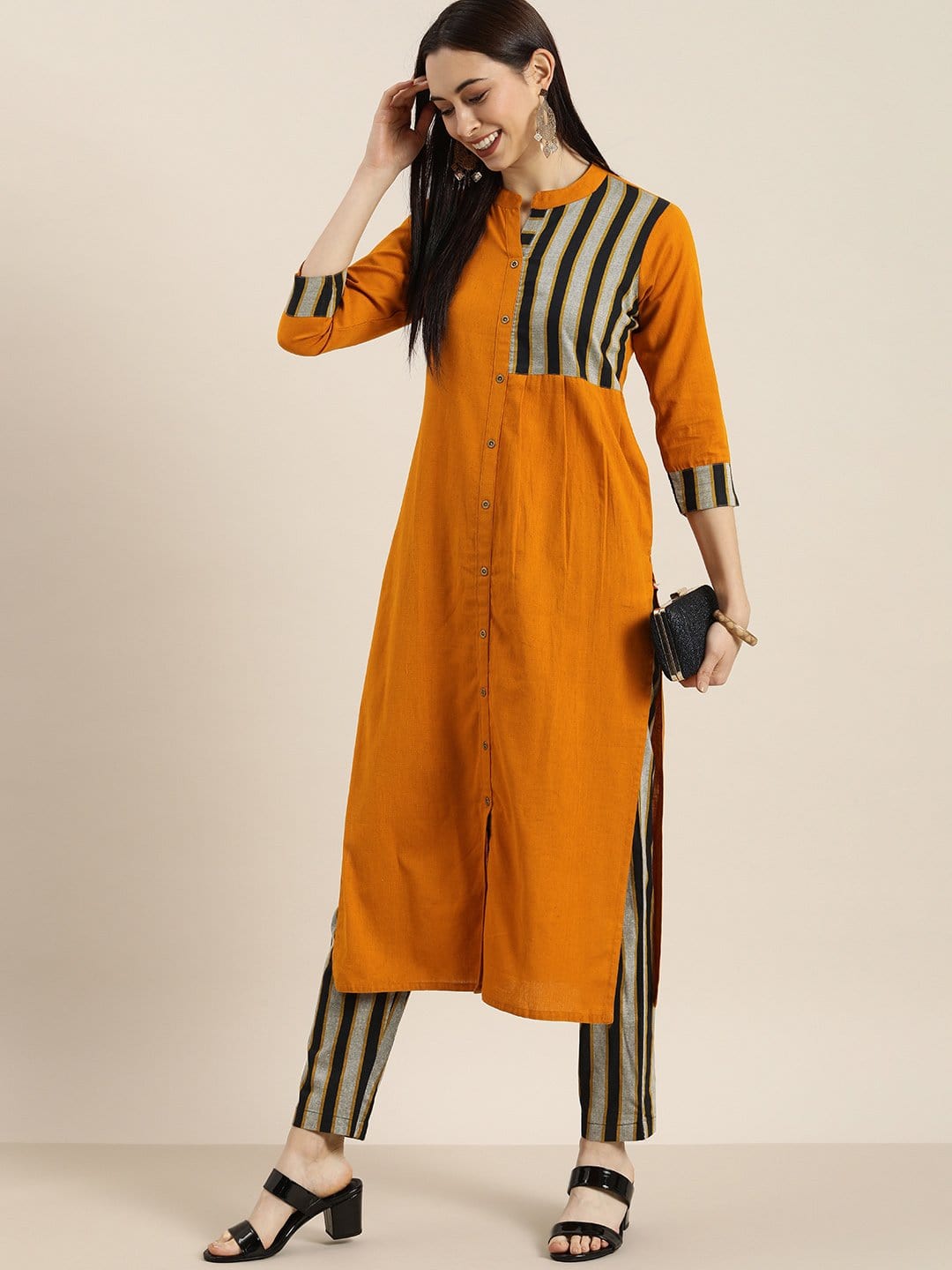 Women's KSUT Mustard And Grey Woven Stripe Kurta With Stripe Woven Trouser