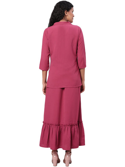 Women's Maroon Solid 3/4 Sleeve Polyester V Neck Casual Jacket & Skirt Set