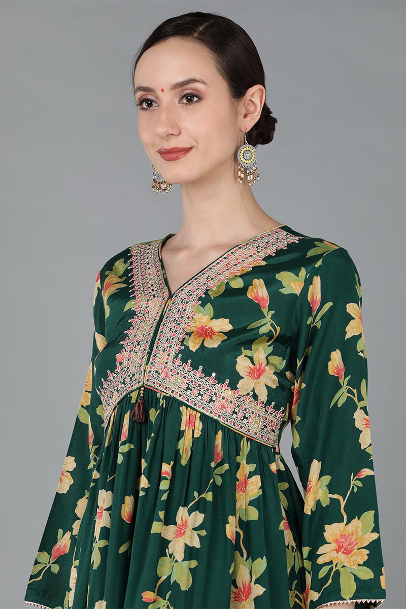 Women's Chanderi Silk Floral Printed Kurta With Pant