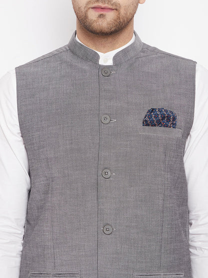 Men's Grey Color Nehru Jacket-Contrast Lining-Free Pocket Square