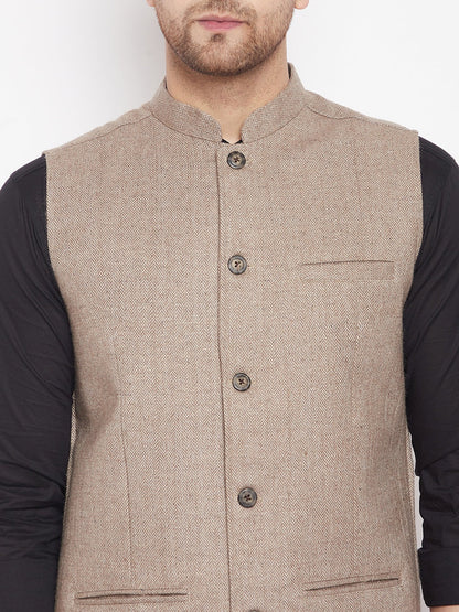 Men's Beige Color Woven Nehru Jacket