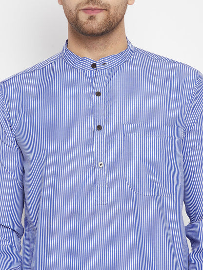 Men's Blue Color Long Kurta with Band Collar
