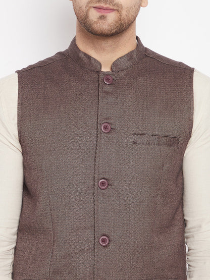 Men's Brown Color Woven Nehru Jacket