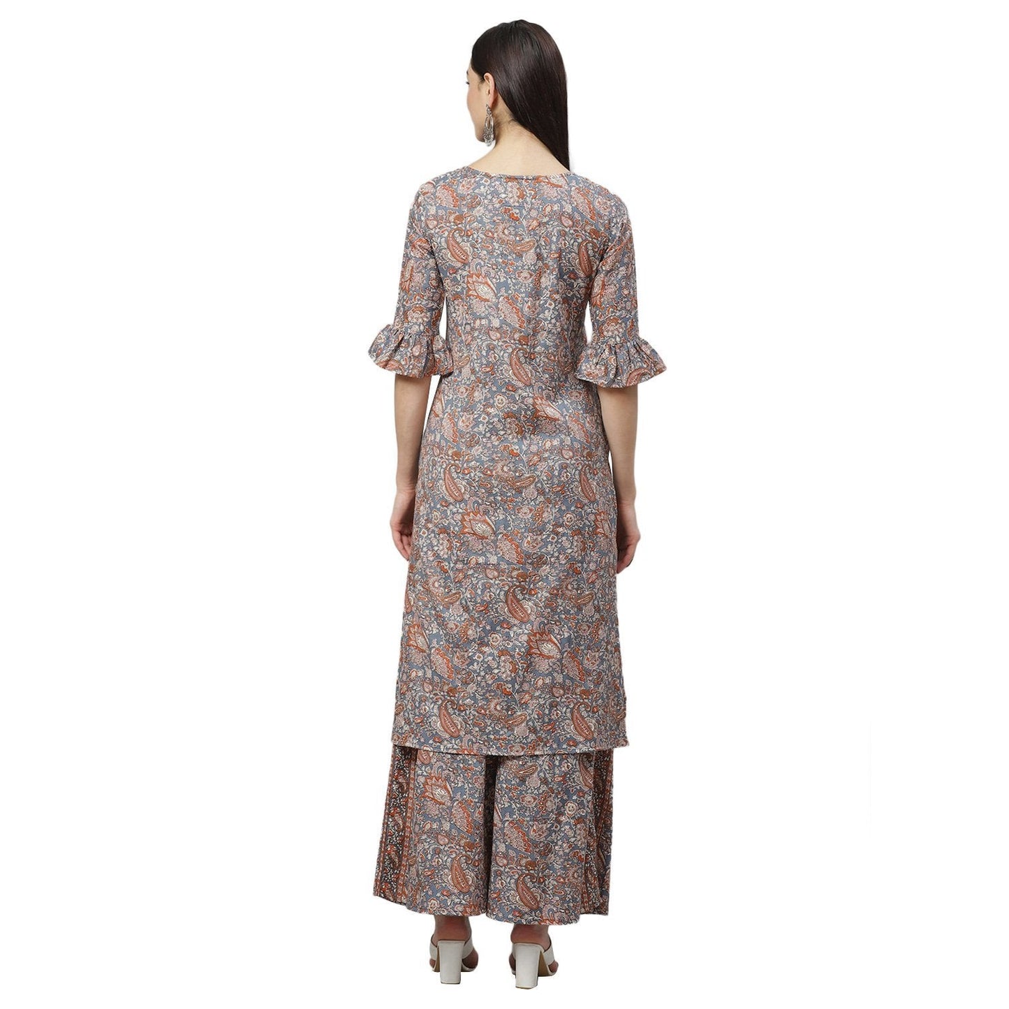 Women's Grey Cotton Linen Printed Half Sleeve Round Neck Casual Kurta Palazzo Set