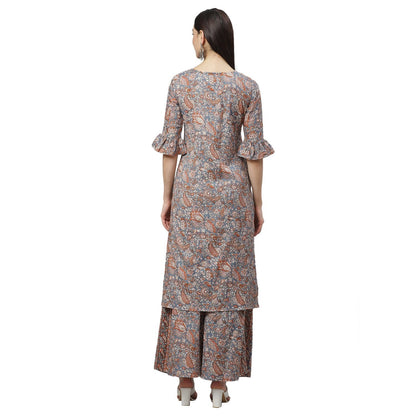 Women's Grey Cotton Linen Printed Half Sleeve Round Neck Casual Kurta Palazzo Set