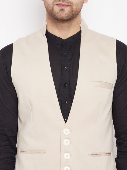 Men's Cream Color Woven Nehru Jacket