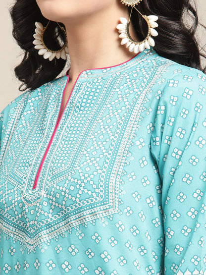Women's Turquoise Bandhej Printed Kurta With Gota Embellished Yoke