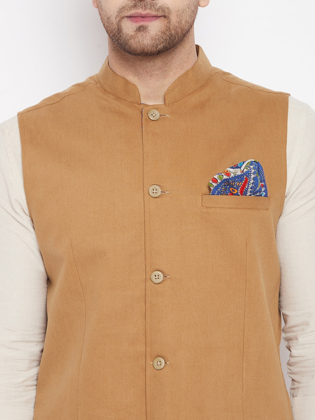 Men's Brown Color Nehru Jacket-Contrast Lining-Inbuilt Pocket Square