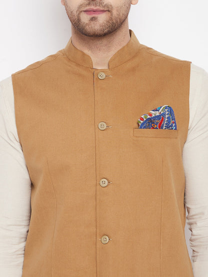 Men's Brown Color Nehru Jacket-Contrast Lining-Inbuilt Pocket Square