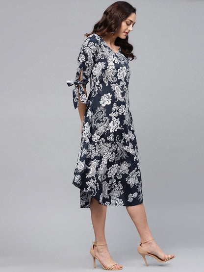 Women Navy Blue Printed Dress by Myshka (