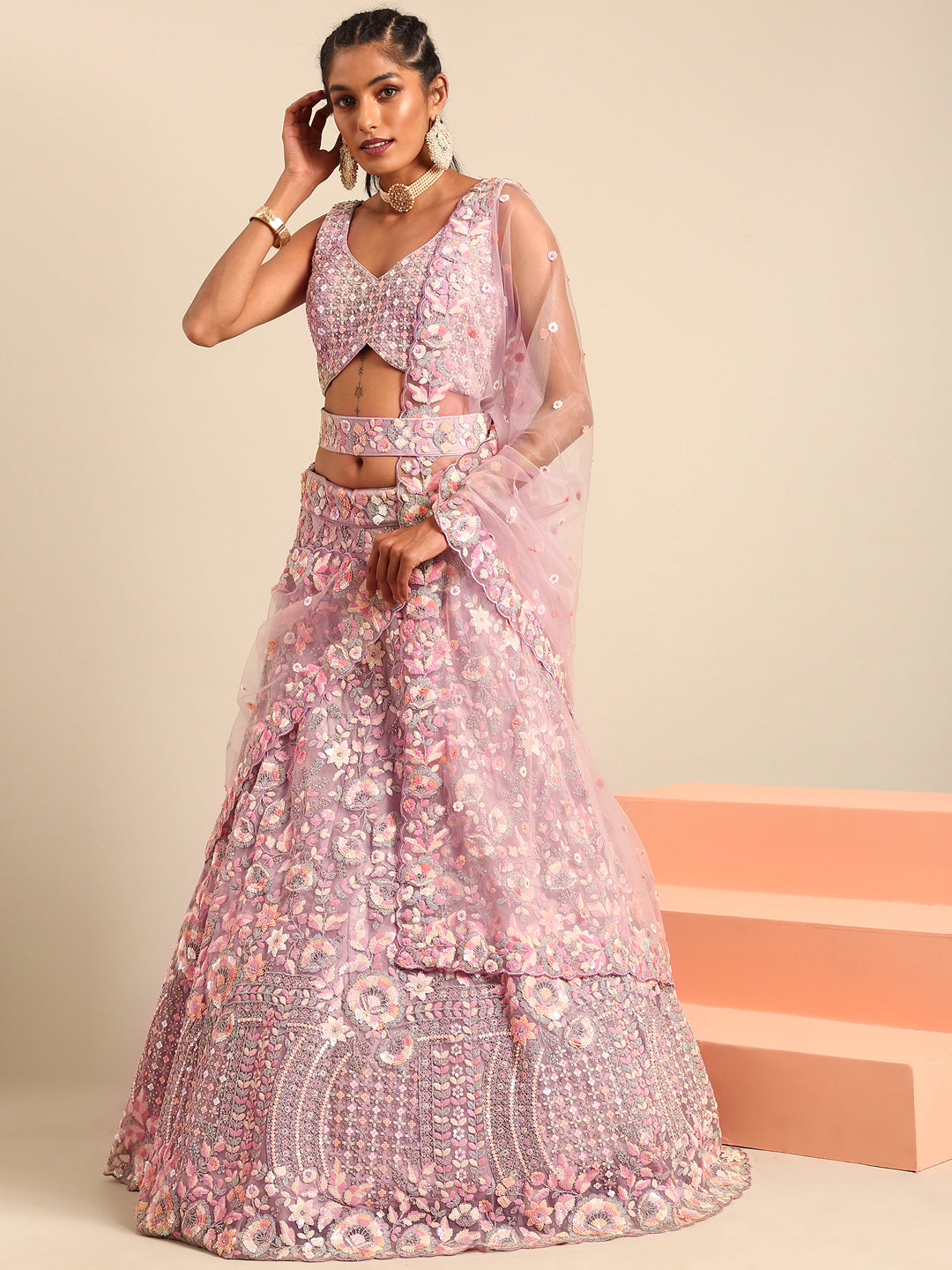 Women 's Mauve Net Multi Sequins with heavy Zarkan embroidery Ready to Wear Lehenga choli & Dupatta
