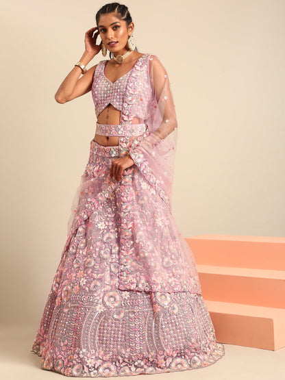 Women 's Mauve Net Multi Sequins with heavy Zarkan embroidery Ready to Wear Lehenga choli & Dupatta