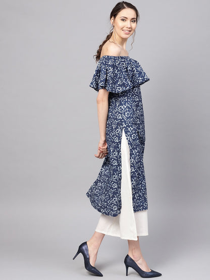 Women's Blue Cotton Printed Cold Shoulder Sleeves Off Shoulder Neck Casual Kurta Only