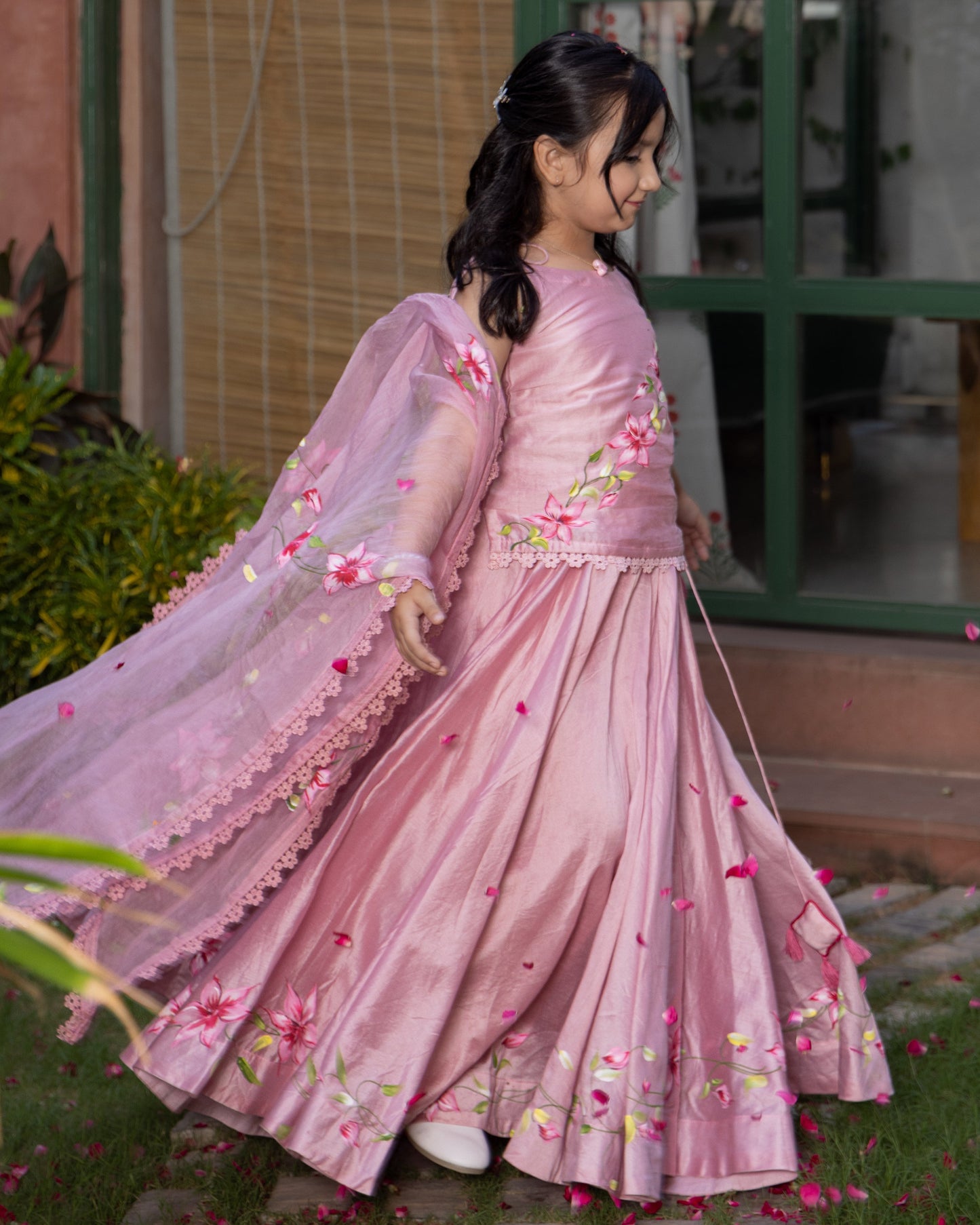 Girl's Koko Powder Pink Handpainted Chanderi Lehenga Set