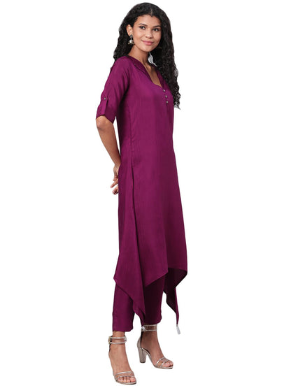 Women Purple Silk Kurta with Pant & Dupatta Set by Myshka (