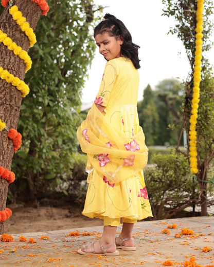 Girl's Buttercup Yellow Muslin Silk Handpainted Suit Set