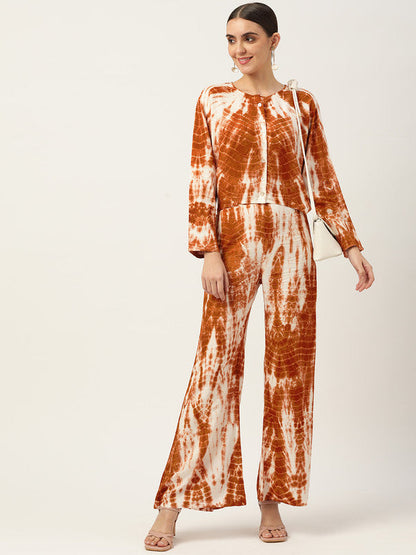 Women's Brown White Tie Dyed Co-Ords