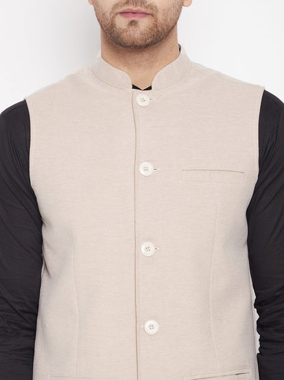 Men's Cream Color Woven Nehru Jacket