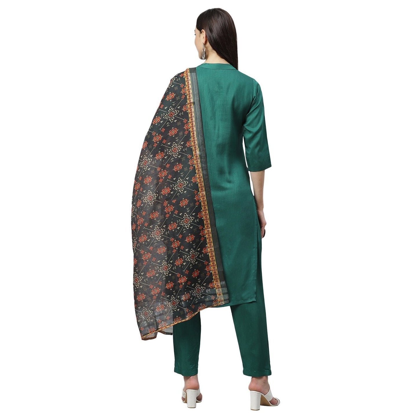 Women's Green Silk Blend Solid 3/4 Sleeve Casual Kurta Pant Dupatta Set