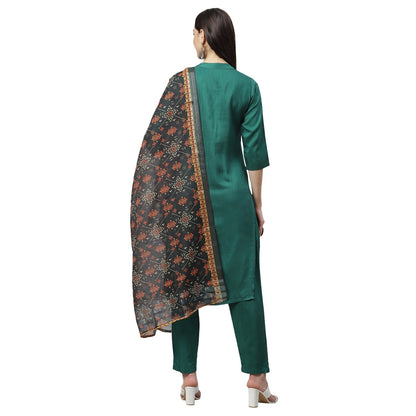 Women's Green Silk Blend Solid 3/4 Sleeve Casual Kurta Pant Dupatta Set