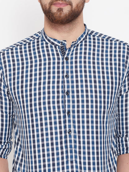 Men's Checked Blue & White Shirt Kurta