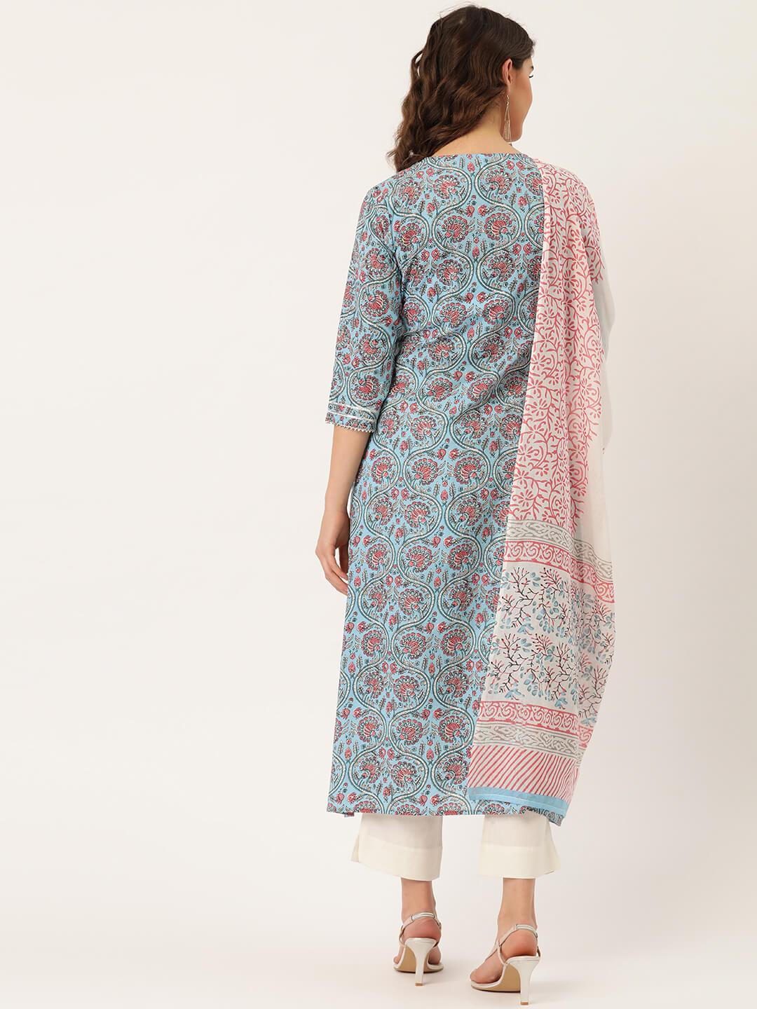 Women's Cotton Printed A-line Kurta Suit Set With Dupatta