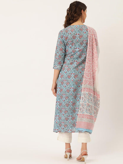 Women's Cotton Printed A-line Kurta Suit Set With Dupatta