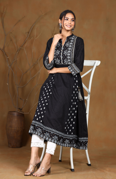 Women's Black Rayon Printed A-Line Kurta