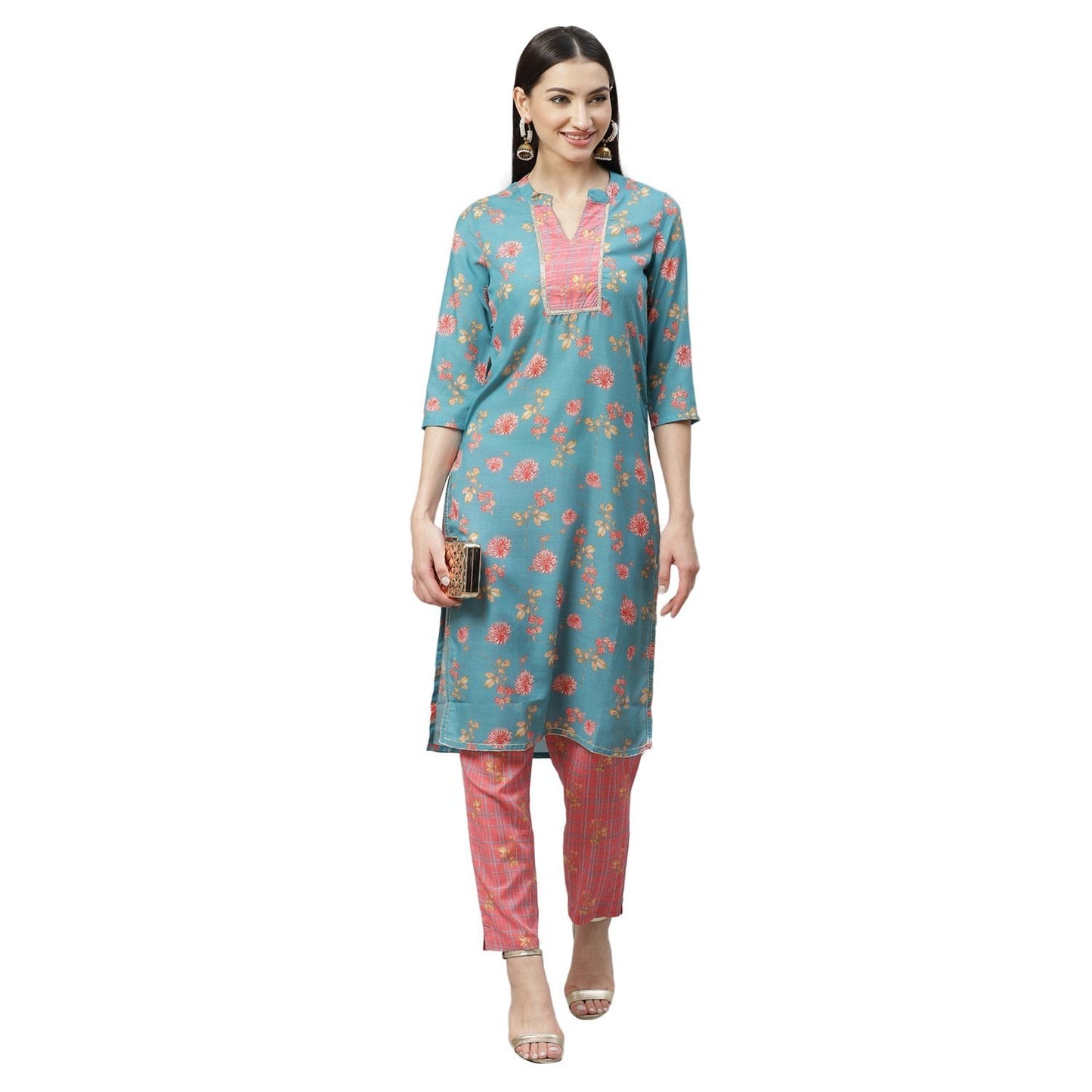 Women's Multicolor Poly Cotton Printed 3/4 Sleeve Mandrin Neck Casual Kurta Pant Set