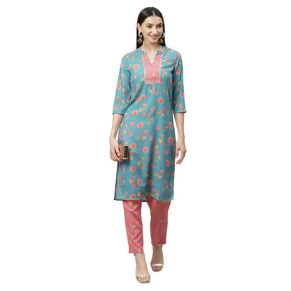 Women's Multicolor Poly Cotton Printed 3/4 Sleeve Mandrin Neck Casual Kurta Pant Set