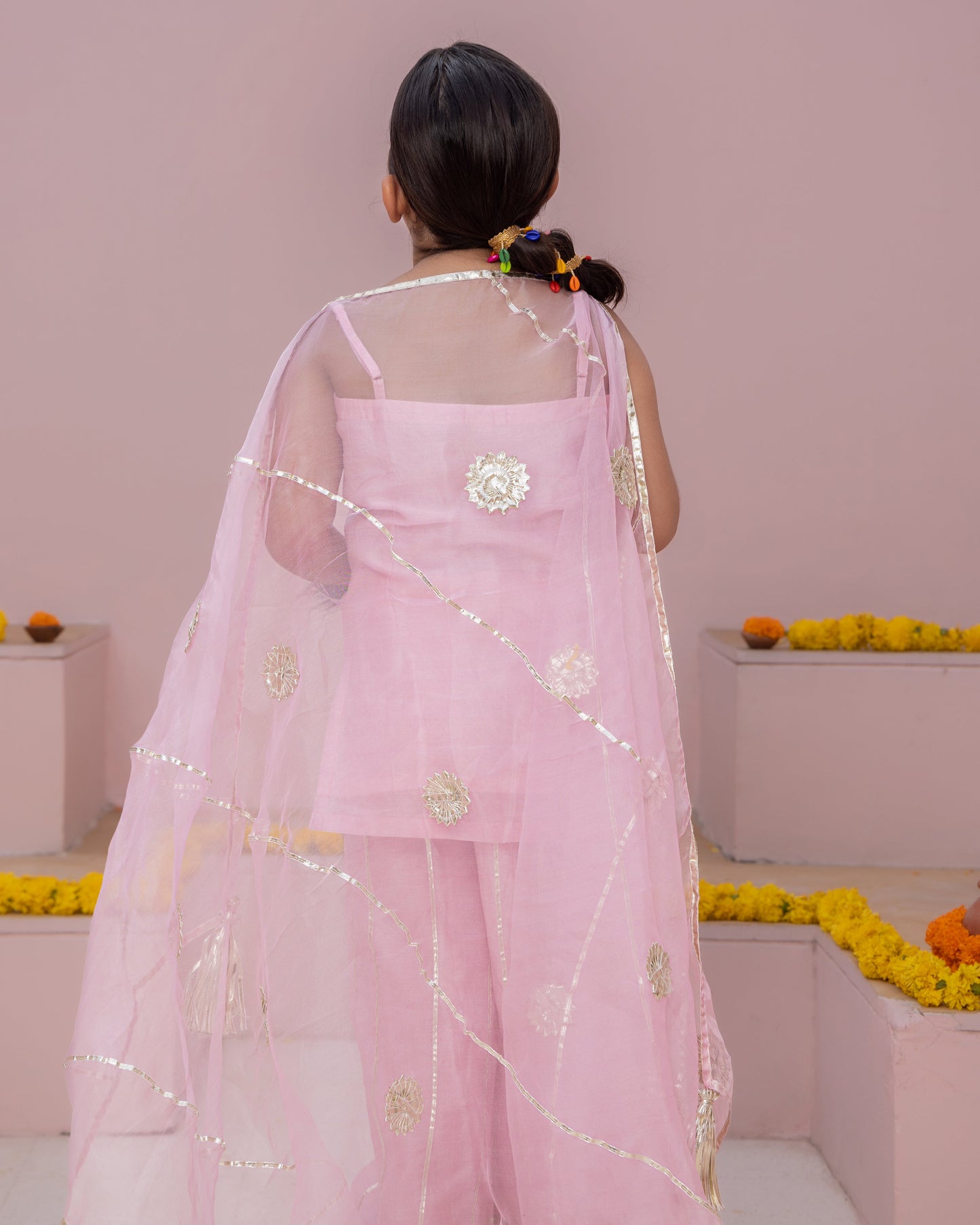 Girl's Mini Pink Solid Chanderi Suit Set